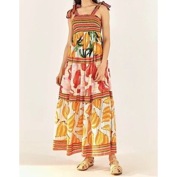 Farm Rio NEW Fruits Scarves Tiered Maxi Dress Size L